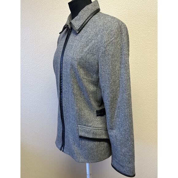 VTG Oscar De La Renta Sz 10 Gray lined Wool Jacket Leather Trim Classic Designer - Picture 3 of 12